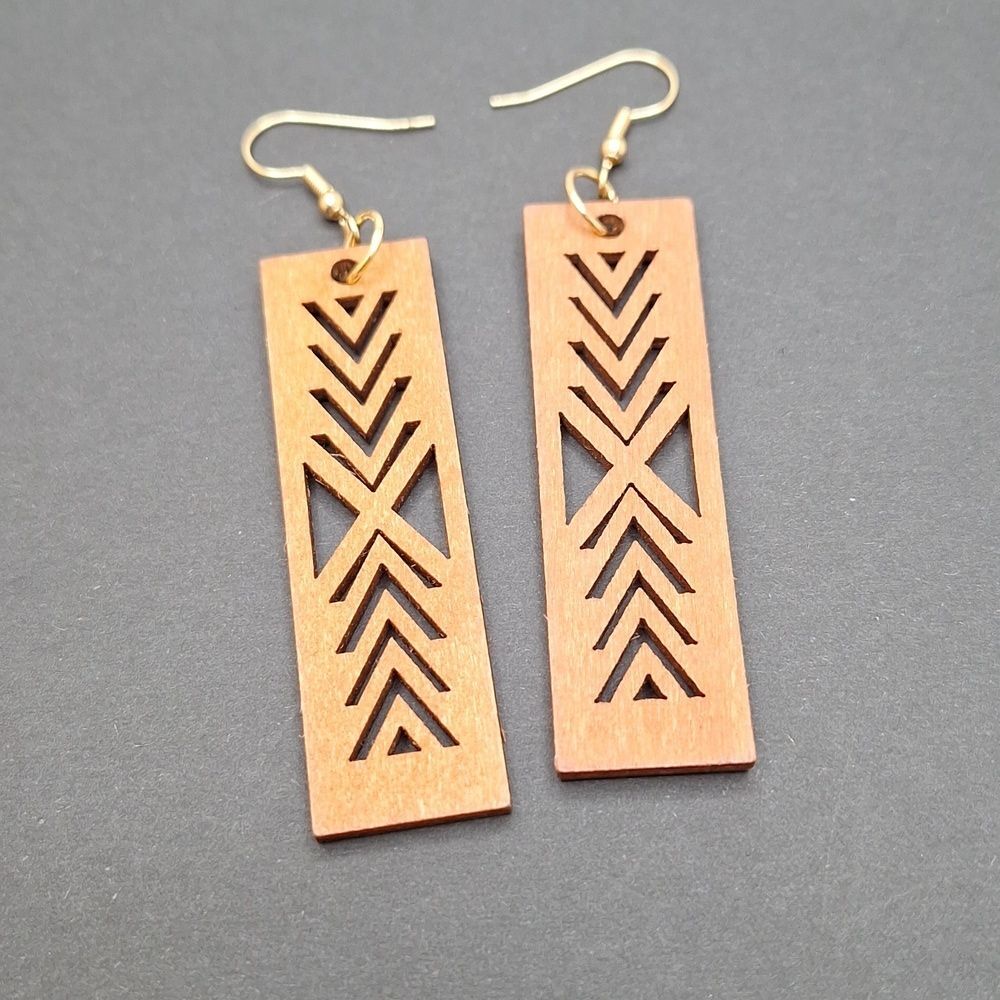 Brown wood rectangular earrings hollowed out carved tribal